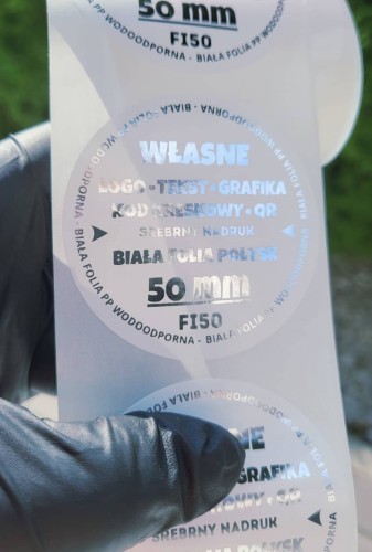 Naklejka srebrny nadruk, biała folia, Ø 50 mm, zdjęcie poglądowe 1