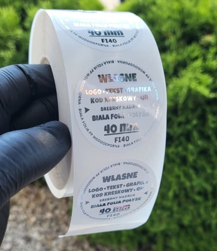 Naklejka srebrny nadruk, biała folia, Ø 40 mm, zdjęcie poglądowe 2