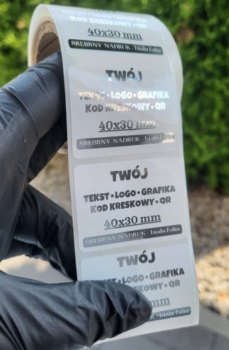 Naklejka srebrny nadruk, biała folia, 40x30 mm, zdjęcie poglądowe 2