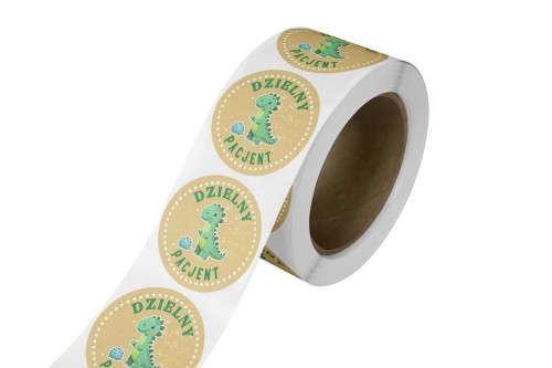 Naklejka Ø 50 mm, napis „Dzielny Pacjent" motyw dinozaur, rolka