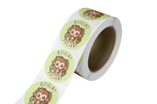 Naklejka Ø 50 mm, napis „Dzielny Pacjent" motyw małpka, rolka