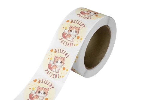 Naklejka Ø 50 mm, napis „Dzielny Pacjent" motyw kotek, rolka