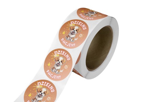 Naklejka Ø 50 mm, napis „Dzielny Pacjent" motyw piesek, rolka