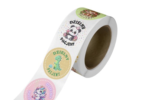 Naklejka Ø 50 mm, napis „Dzielny Pacjent" mix wzorów, rolka 2