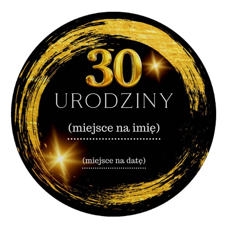 Naklejka Ø 50 mm, napis „30 urodziny”, motyw czarno-złoty, naklejka
