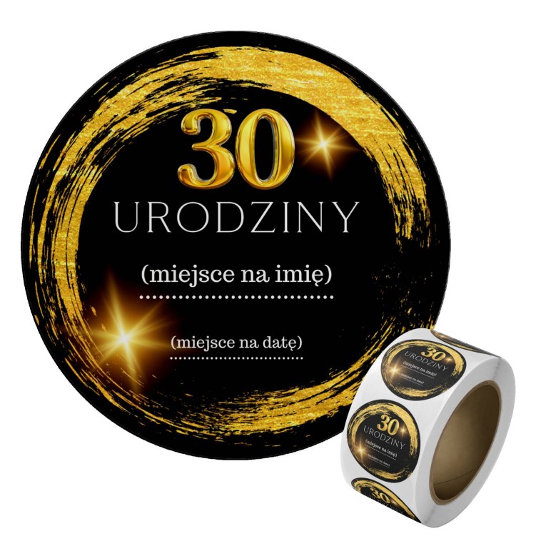 Naklejka Ø 50 mm, napis „30 urodziny”, motyw czarno-złoty, naklejka i rolka