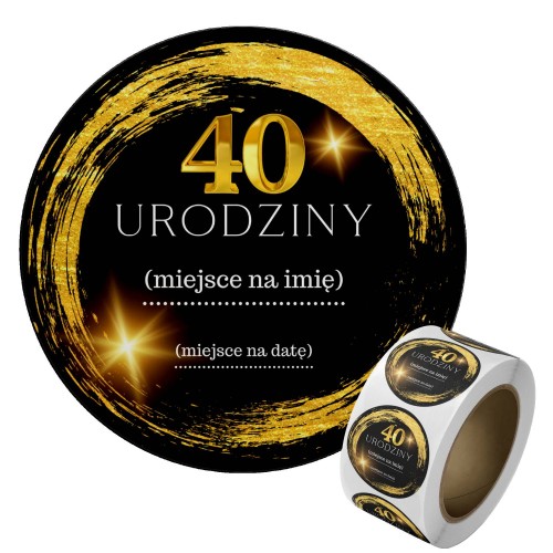 Naklejka Ø 50 mm, napis „40 urodziny”, motyw czarno-złoty, naklejka i rolka