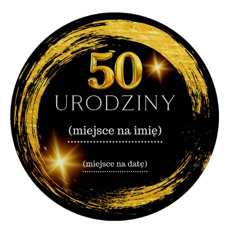 Naklejka Ø 50 mm, napis „50 urodziny”, motyw czarno-złoty, naklejka