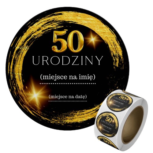 Naklejka Ø 50 mm, napis „50 urodziny”, motyw czarno-złoty, naklejka i rolka