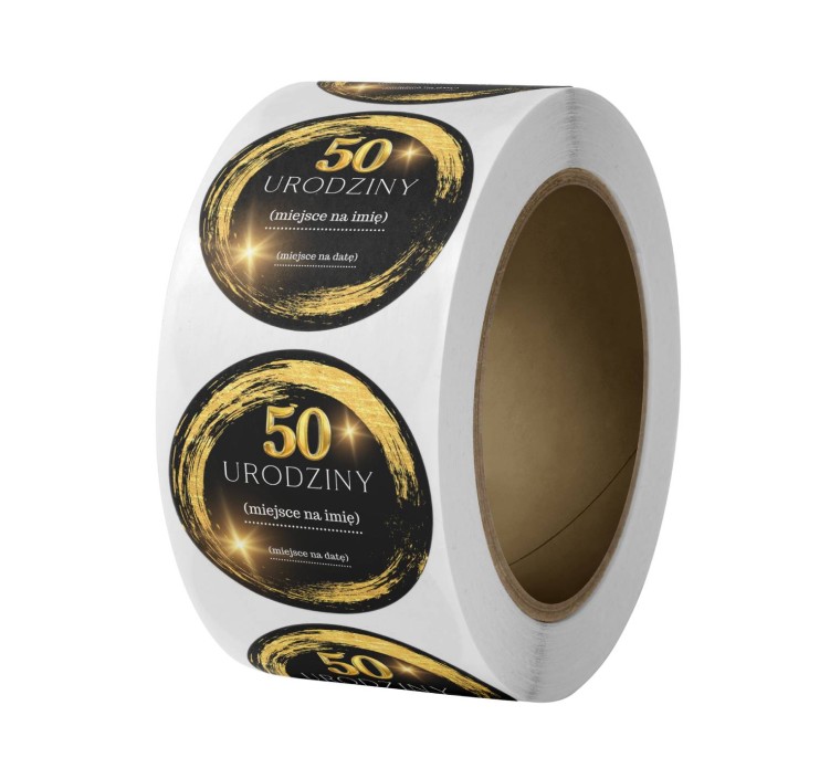 Naklejka Ø 50 mm, napis „50 urodziny”, motyw czarno-złoty, rolka
