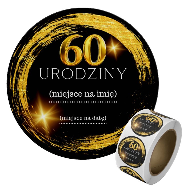 Naklejka Ø 50 mm, napis „60 urodziny”, motyw czarno-złoty, naklejka i rolka