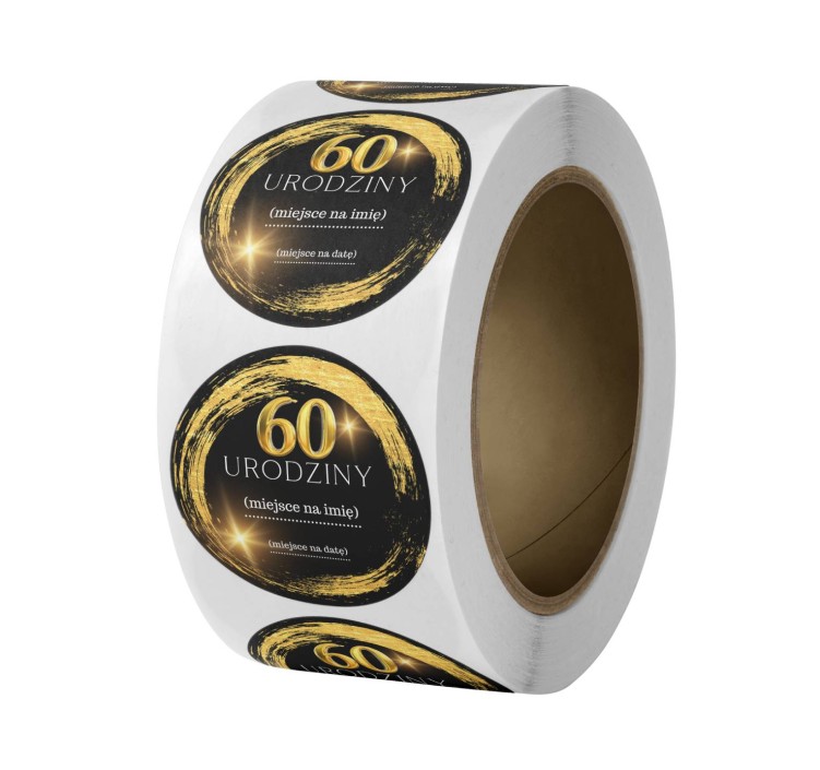 Naklejka Ø 50 mm, napis „60 urodziny”, motyw czarno-złoty, rolka