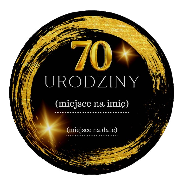 Naklejka Ø 50 mm, napis „70 urodziny”, motyw czarno-złoty, naklejka