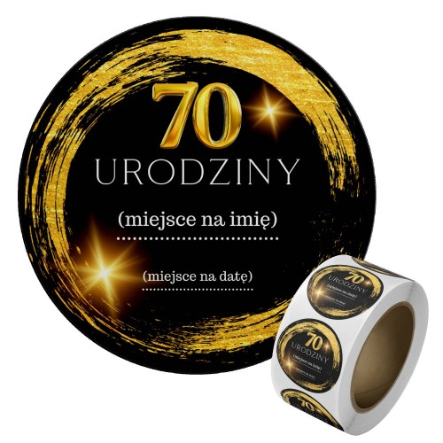 Naklejka Ø 50 mm, napis „70 urodziny”, motyw czarno-złoty, naklejka i rolka