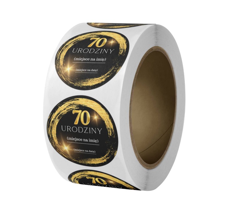Naklejka Ø 50 mm, napis „70 urodziny”, motyw czarno-złoty, rolka