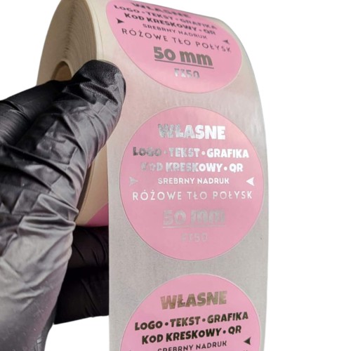 Naklejka srebrny nadruk, różowa folia, Ø 50 mm, zdjęcie poglądowe 2