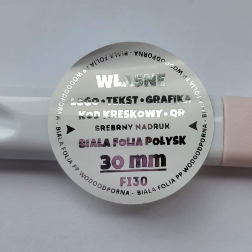 Naklejka srebrny nadruk, biała folia, Ø 30 mm, zdjęcie poglądowe 2