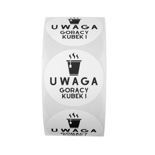 Rolka, naklejka Ø 50 mm, napis "UWAGA GORĄCY KUBEK!"