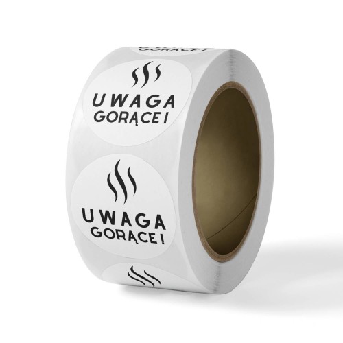 Rolka, naklejka Ø 50 mm, napis "UWAGA GORĄCY KUBEK!"
